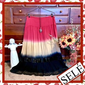 Vintage Selé Tiered Ombré Maxi Skirt from India in Cranberry, Black, Tan / Cream